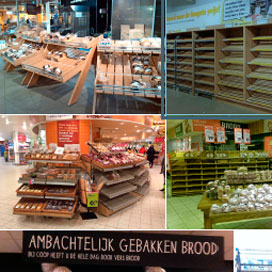 Enkele van de onderzochte broodafdelingen in supermarkten.