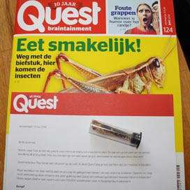 Lezers van Quest ontvangen een eetbare sprinkhaan bij het blad. 'Er daalt een zwerm van 170.000 sprinkhanen neer in Nederlandse huiskamers.' Foto RBM
