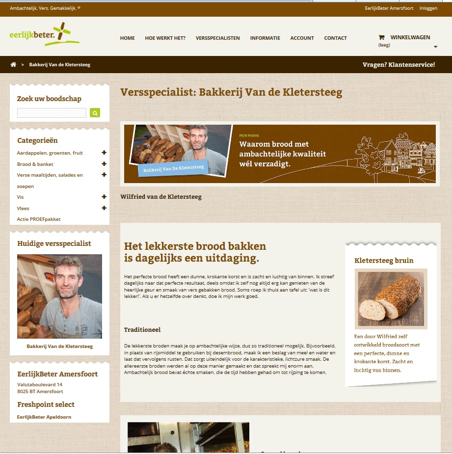De introductiepagina van Bakkerij Van der Kletersteeg op de website van Eerlijk Beter. Afbeelding: Eerlijk Beter