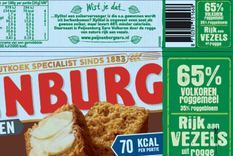 De test gaat over de aanduiding van de hoeveelheid volkoren in de ontbijtkoek.