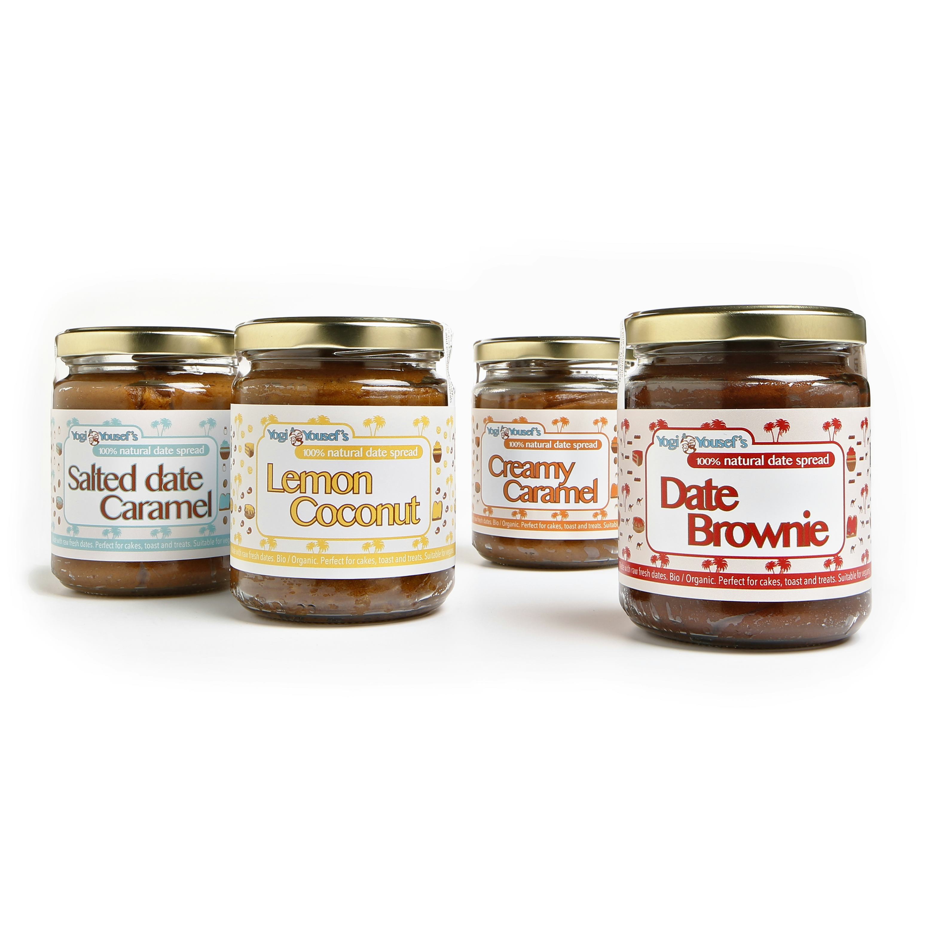 Dadelspreads in de smaken Lemon Coconut, Creamy Caramel en Date Brownie.