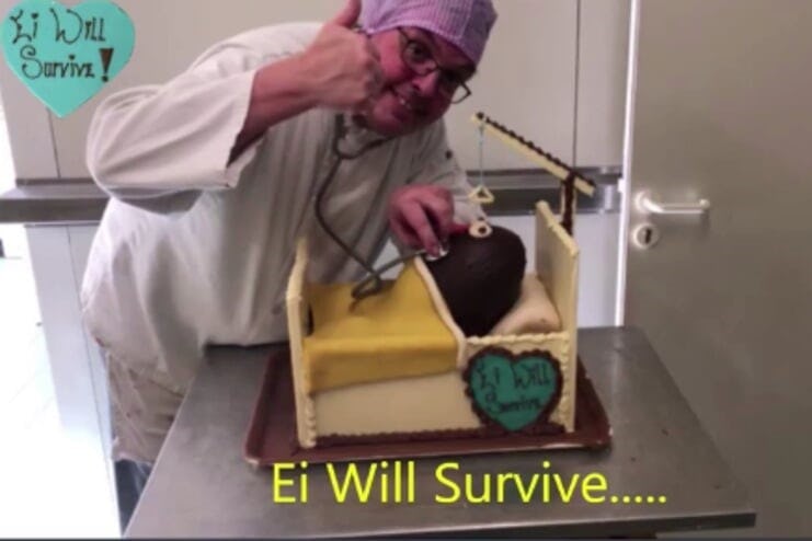 Het paasei in ziekenhuisbed in de etalage van Bakkerij van Breemen. Foto: Bakkerij van Breemen