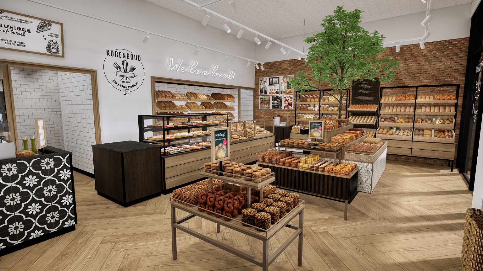 In de nieuwe vestiging van Korengoud Echte Bakker komt een driemeter hoge boom. Foto: Infrashop