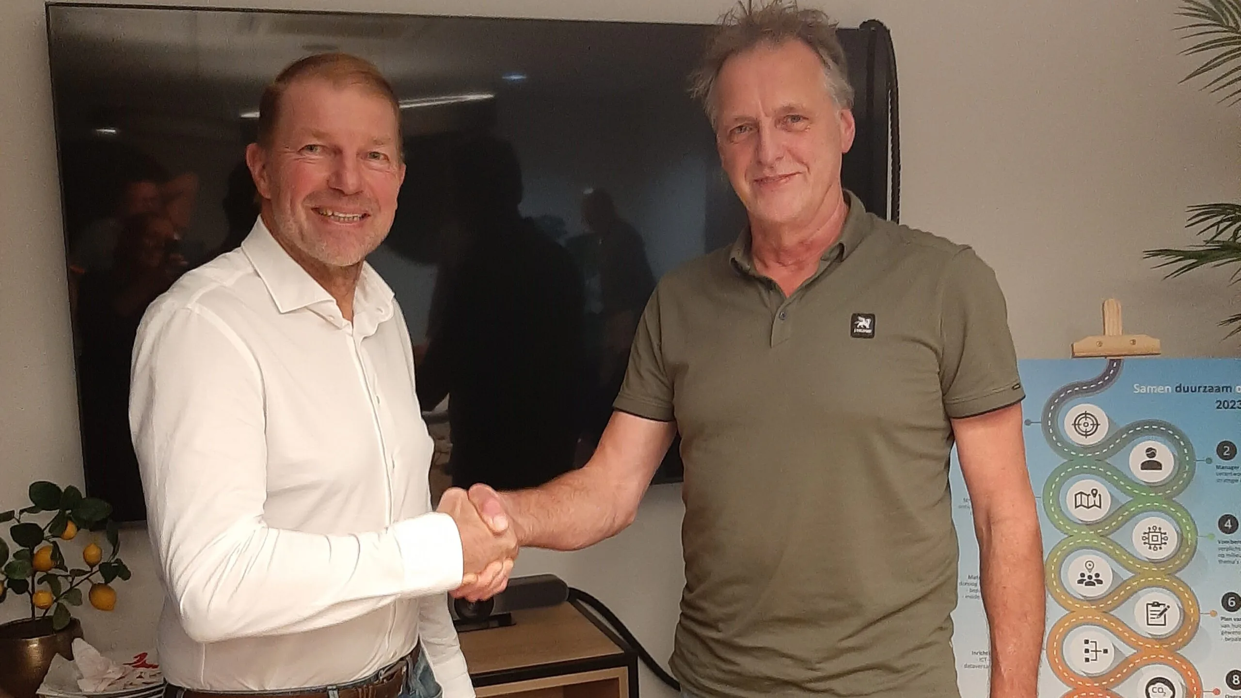 De verwelkoming van Eugène Scholten (links) door bestuursvoorzitter Luc van den Burgt na Scholtens benoeming tot directeur ad interim, in september 2024. Foto: Beko