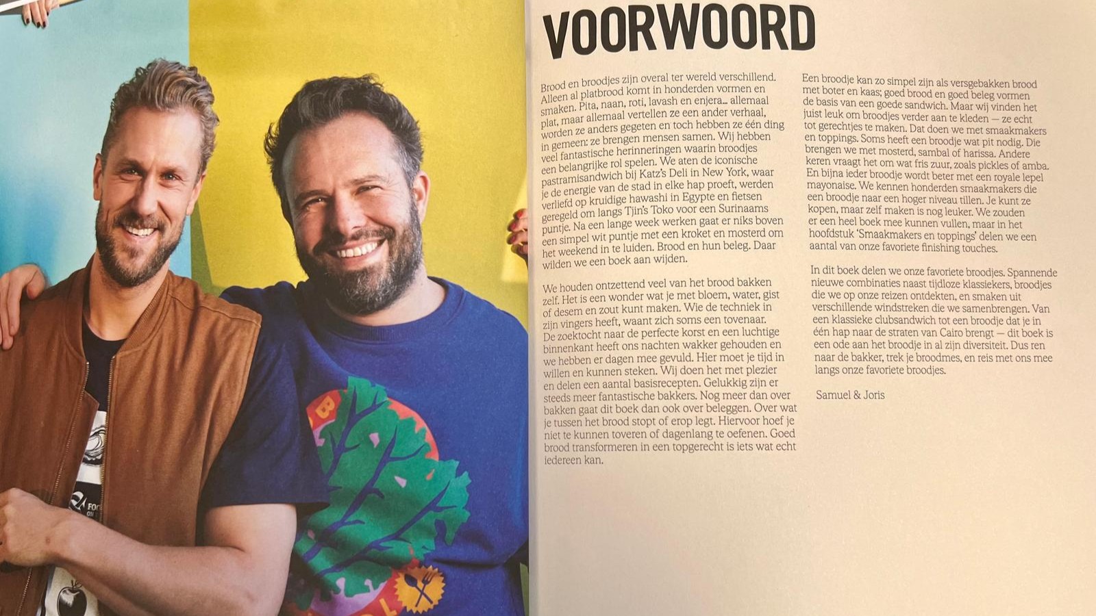 De chefs met hun voorwoord in het boek 'Broodjes van Sam & Joris'.