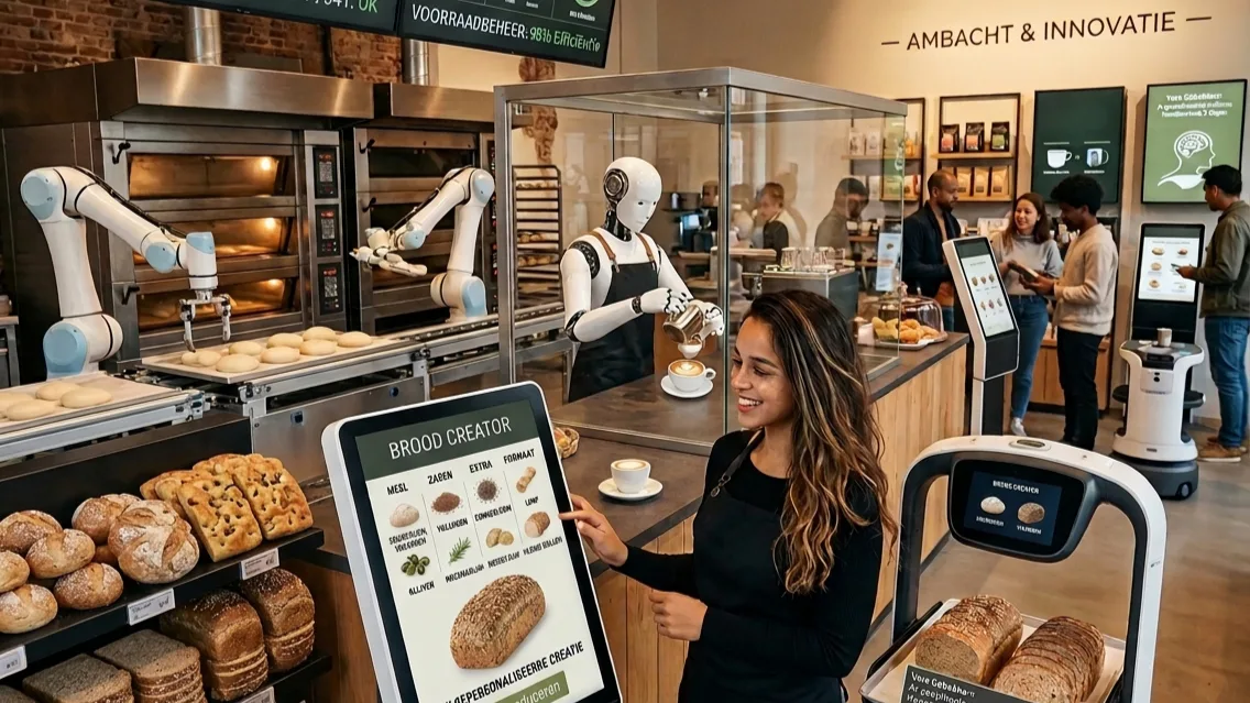 Charida Dorder laat zien hoe AI en robotisering eruit kunnen zien, in deze gefingeerde bakkerswinkel. Beeld gemaakt met AI.